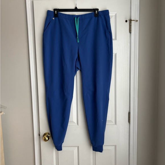 Figs Pants - Blue Jogger Scrub Pants with Green Drawstring